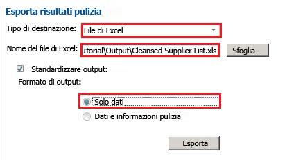 Pagina Esporta risultati pulizia