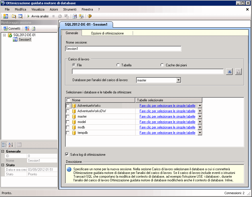 Finestra predefinita di Ottimizzazione guidata motore di database