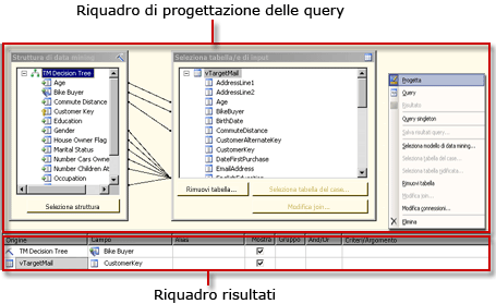 Progettazione query DMX di Analysis Services, visualizzazione progettazione