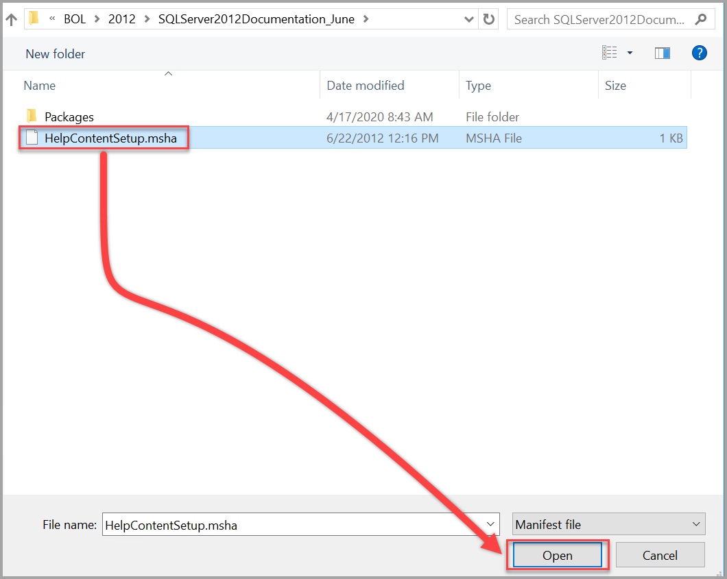 Aprire il file del contenuto della Guida per SQL Server 2012 Setup.msha