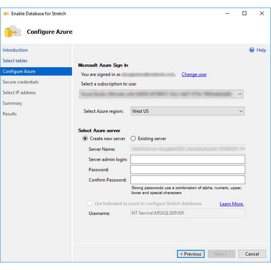 Screenshot che mostra come creare un nuovo server di Azure - Procedura guidata di Stretch Database.