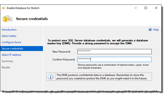 Screenshot che mostra la pagina Credenziali protette della procedura guidata Stretch Database con la nuova password e la password di conferma specificate nelle caselle di testo.