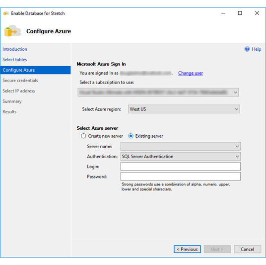 Screenshot che mostra come selezionare un server di Azure esistente - Procedura guidata di Stretch Database.