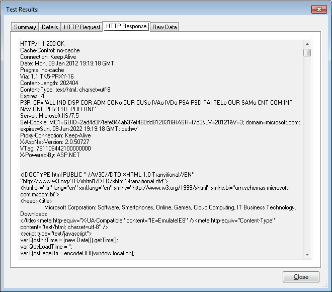 Scheda di risposta HTTP dei risultati del test