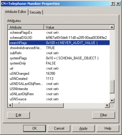 Figura 6 Esclusione di un attributo da Modifiche servizio directory