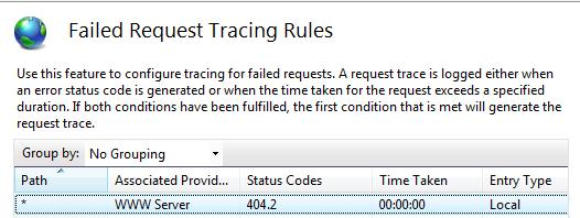 Screenshot che mostra il riquadro Regole di traccia delle richieste non riuscite. W W Server è elencato in Provider associati.