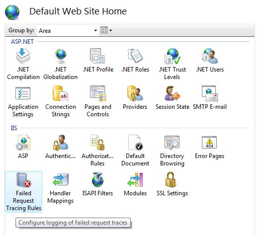 Screenshot che mostra il riquadro Home del sito Web predefinito e che è selezionata l'opzione Regole di traccia delle richieste non riuscite.