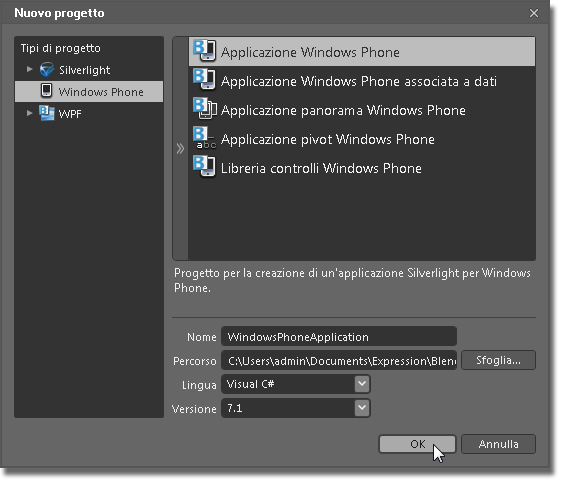 Finestra di dialogo Crea nuovo progetto Windows Phone