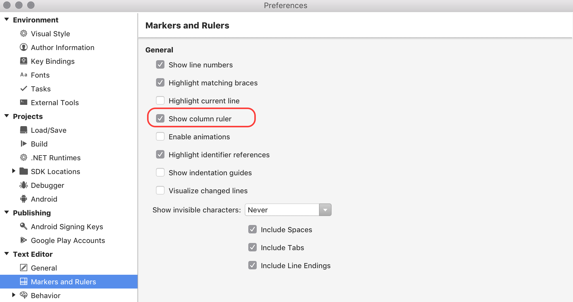 Preferences dialog with "show column ruler" highlighted