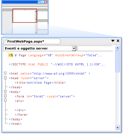 Pagina predefinita nella visualizzazione Origine