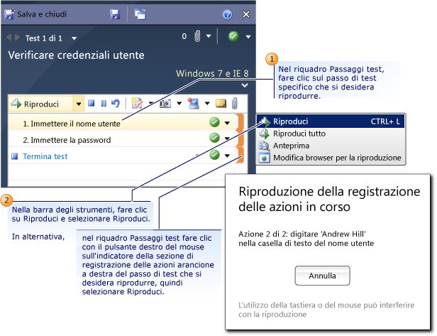 Riproduzione di una registrazione delle azioni in Test Runner