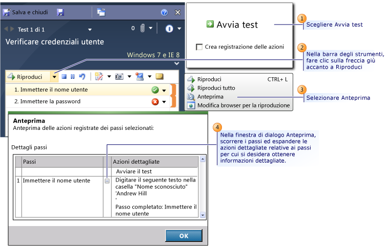 Visualizzare in anteprima i passi delle azioni in un test caricato