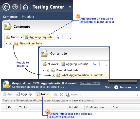 Aggiungere requisiti e test case a un piano di test