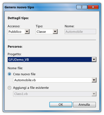 Finestra di dialogo Genera nuovo tipo