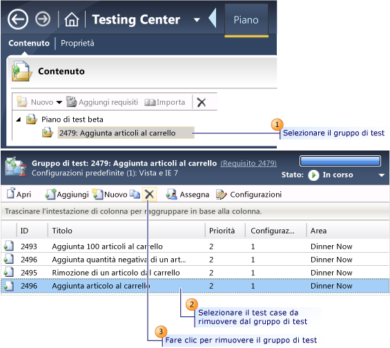 Rimuovere un test case da un gruppo di test