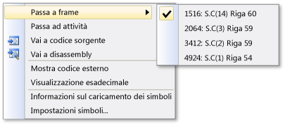 Menu degli stack con 2 opzioni su C mentre J è corrente