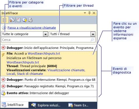 Finestra Cronologia di debug con eventi di diagnostica