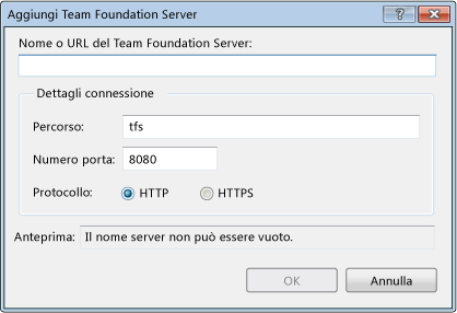 Finestra di dialogo Aggiungi Team Foundation Server per TFS 2010
