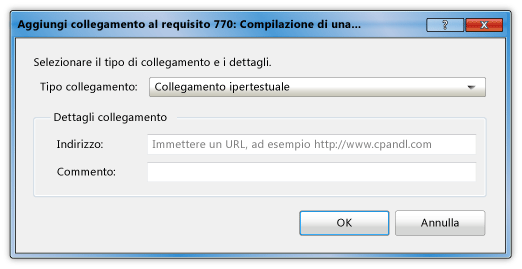Finestra di dialogo Aggiungi collegamento ipertestuale