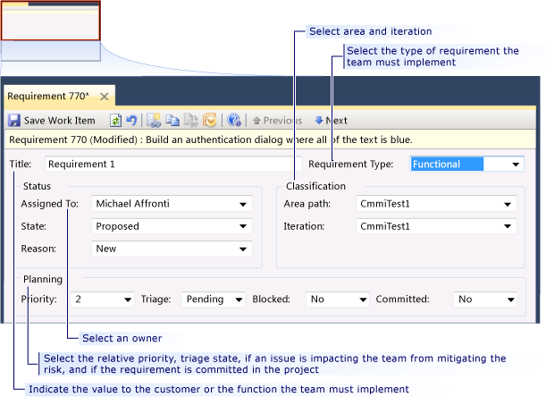 Form dell'elemento di lavoro requisito