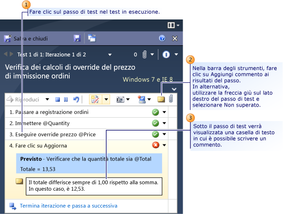 Inserimento di commenti durante l'esecuzione di un test