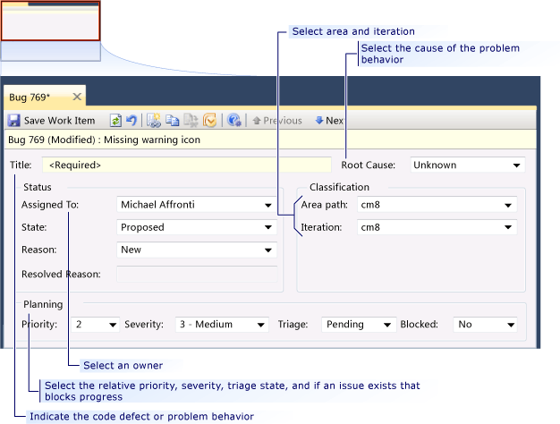 Form dell'elemento di lavoro bug CMMI