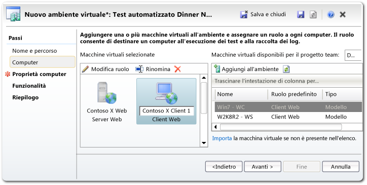 Creazione guidata dell'ambiente di Lab Management - pagina relativa ai computer