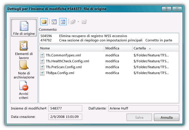 Dettagli relativi al set di modifiche