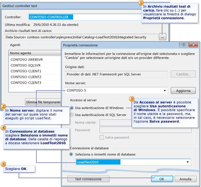 Proprietà di connessione nell'archivio dei risultati dei test di carico