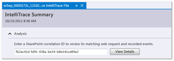 Log IntelliTrace - Immettere un ID correlazione di SharePoint