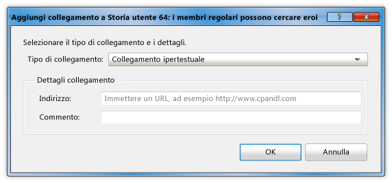 Aggiungere un collegamento ipertestuale a una storia utente