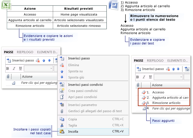 Aggiungere passi di test da Microsoft Excel o Word