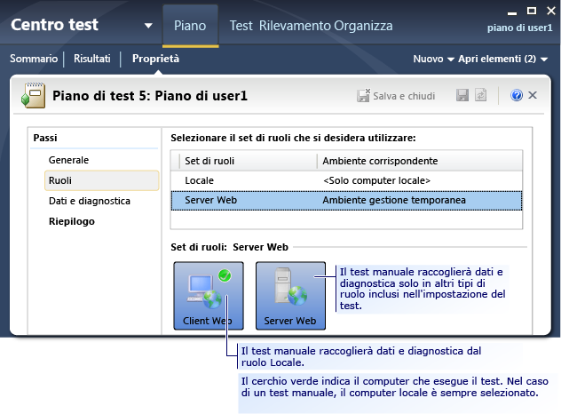 Pagina dei ruoli impostazioni test