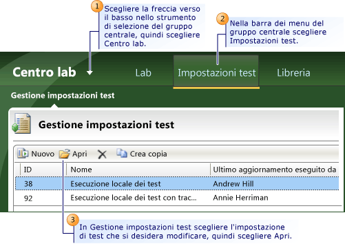 Modifica di un'impostazione di test esistente