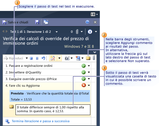 Inserimento di commenti durante l'esecuzione di un test