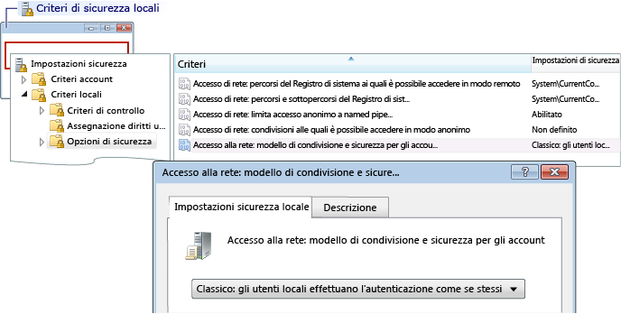 Opzioni di sicurezza criteri di sicurezza locali