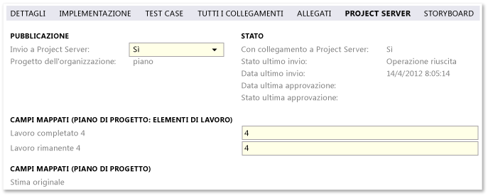 Campi predefiniti della scheda Project Server