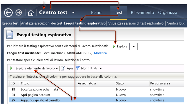 Avvio di una sessione di test esplorativo