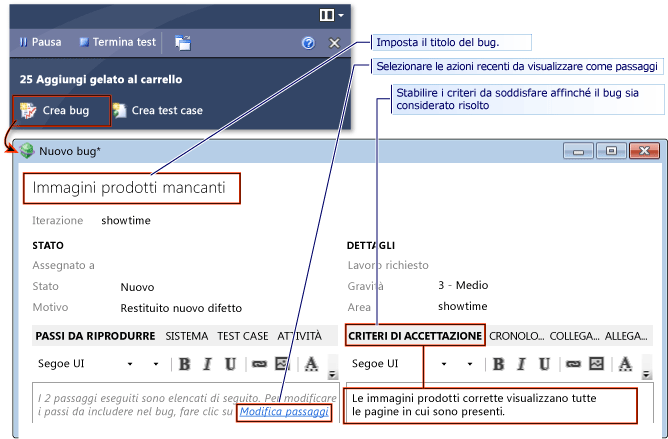 Creazione di un bug da una sessione esplorativa.