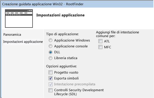 Creazione progetto C++ impostata per simboli di esportazione e DLL