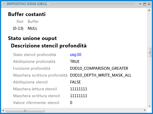 Finestra del dispositivo D3D10 con informazioni sullo stencil di profondità