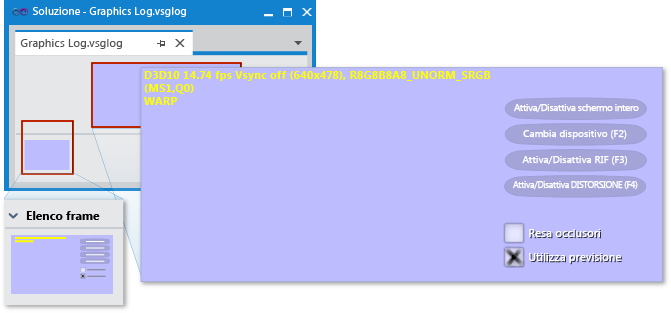 Elenco frame e anteprima buffer nella scheda .vsglog