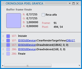 La finestra cronologia pixel mostra chiamate draw correlate