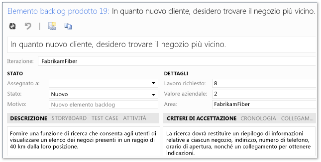 Criteri di accettazione e lavoro richiesto nell'elemento di backlog