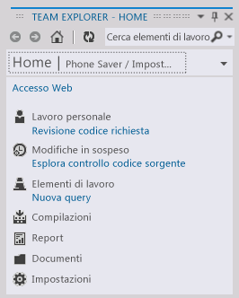 Navigazione alla home page di Team Explorer dal progetto