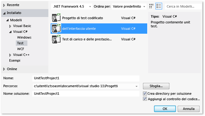 Unit test selezionato nella finestra di dialogo Nuovo progetto