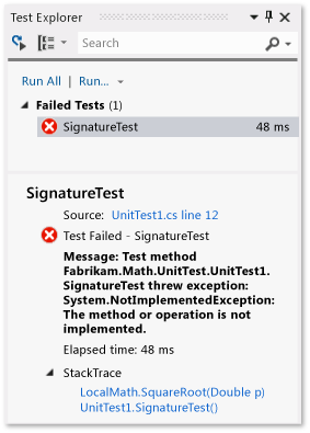 Esplora unit test con un test non superato