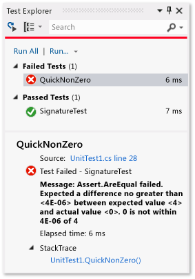 Esplora unit test con un test non superato