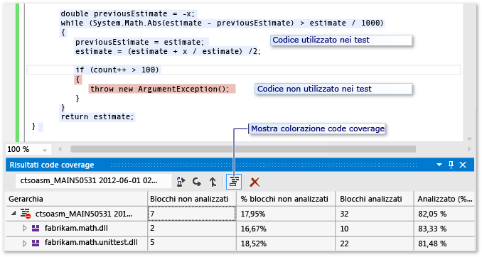 Risultato Code coverage e pulsante per la visualizzazione del colore