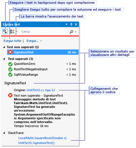 Esplora test con il pulsante Esegui tutto